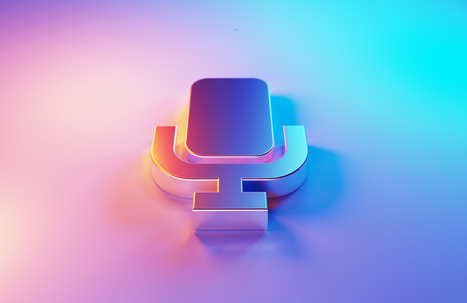 Metallic Microphone Symbol Illuminated By Blue And Magenta Lights On Blue And Magenta Background