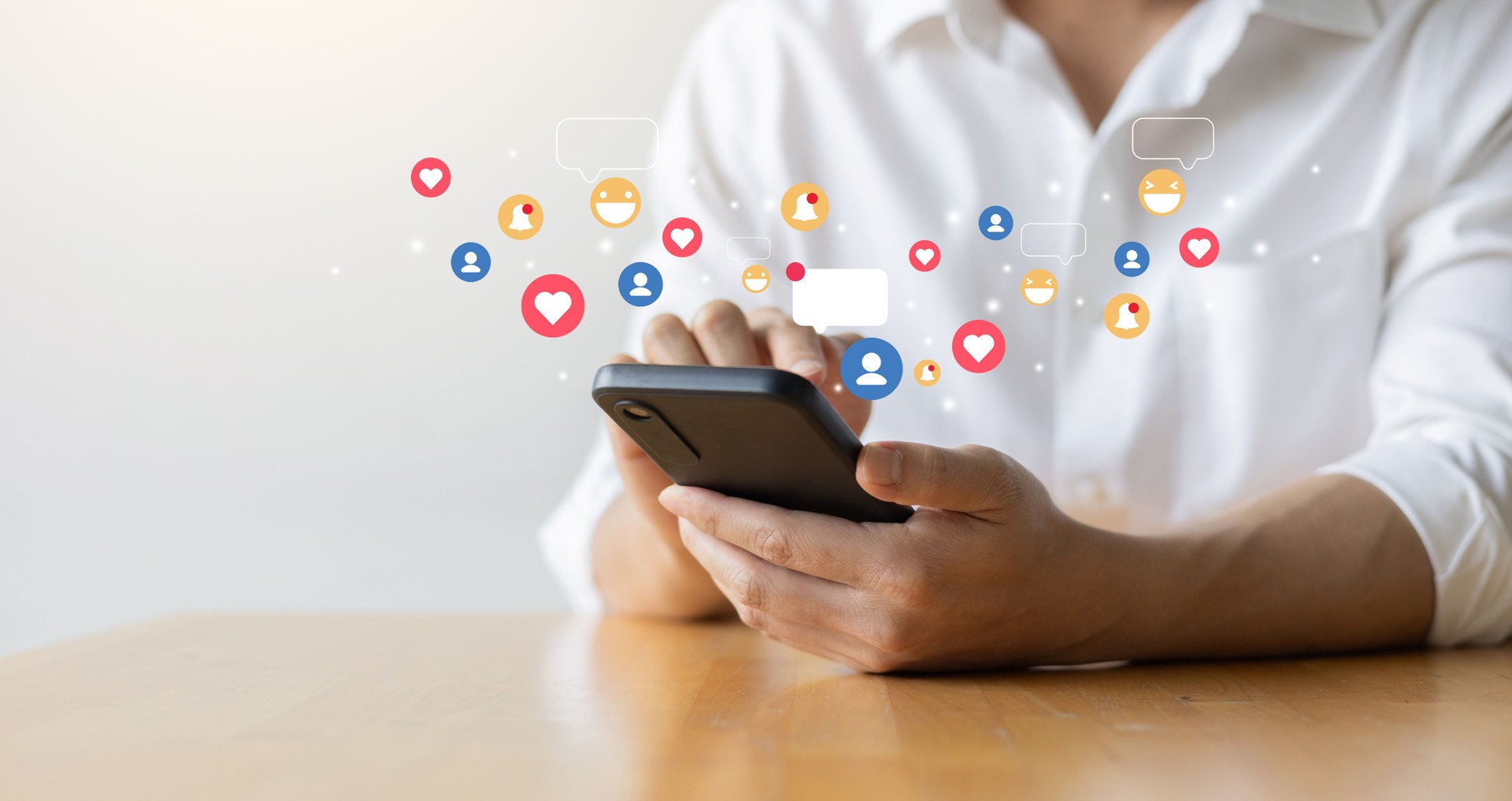 close up man hand hold smartphone and use social media network application to connect or interact with people and friend on online platform with virtual icon symbol for modern lifestyle and communication  concept